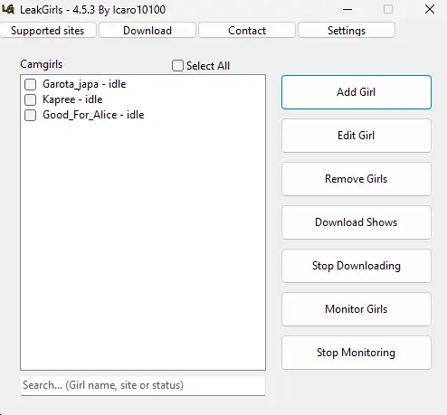 LeakGirls software interface for recording cam site streams